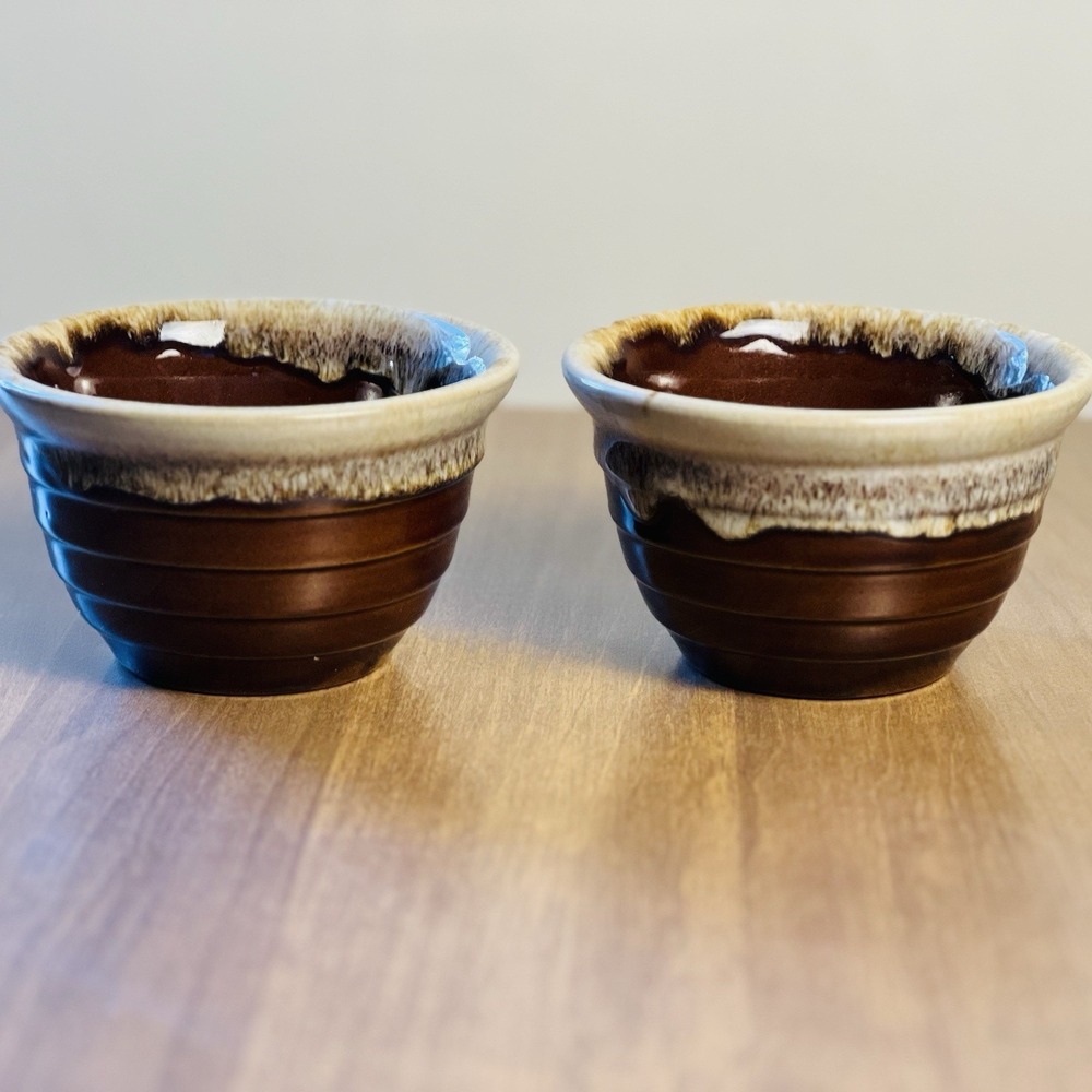 2 Vintage Monmouth USA Brown Beehive Ribbed Bowl 5" Great Condition‎ Drip Glaze